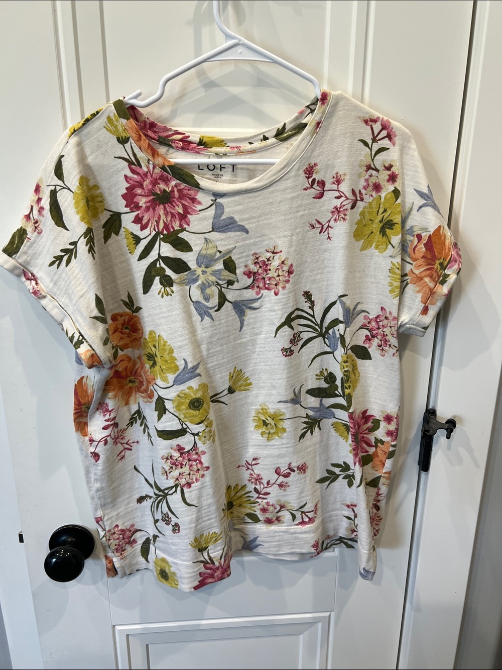 LOFT Floral Crewneck Short-Sleeve Tee in Cream with Pink, Yellow & Green